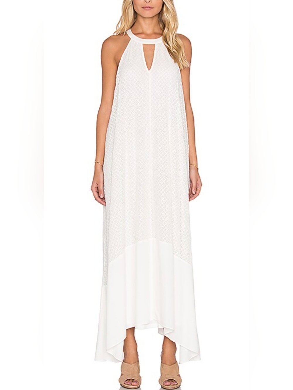 Ella Moss  Natural Ivory Sz L Lined Maxi Dress Silk Rayon Asymmetric Hem, Lace